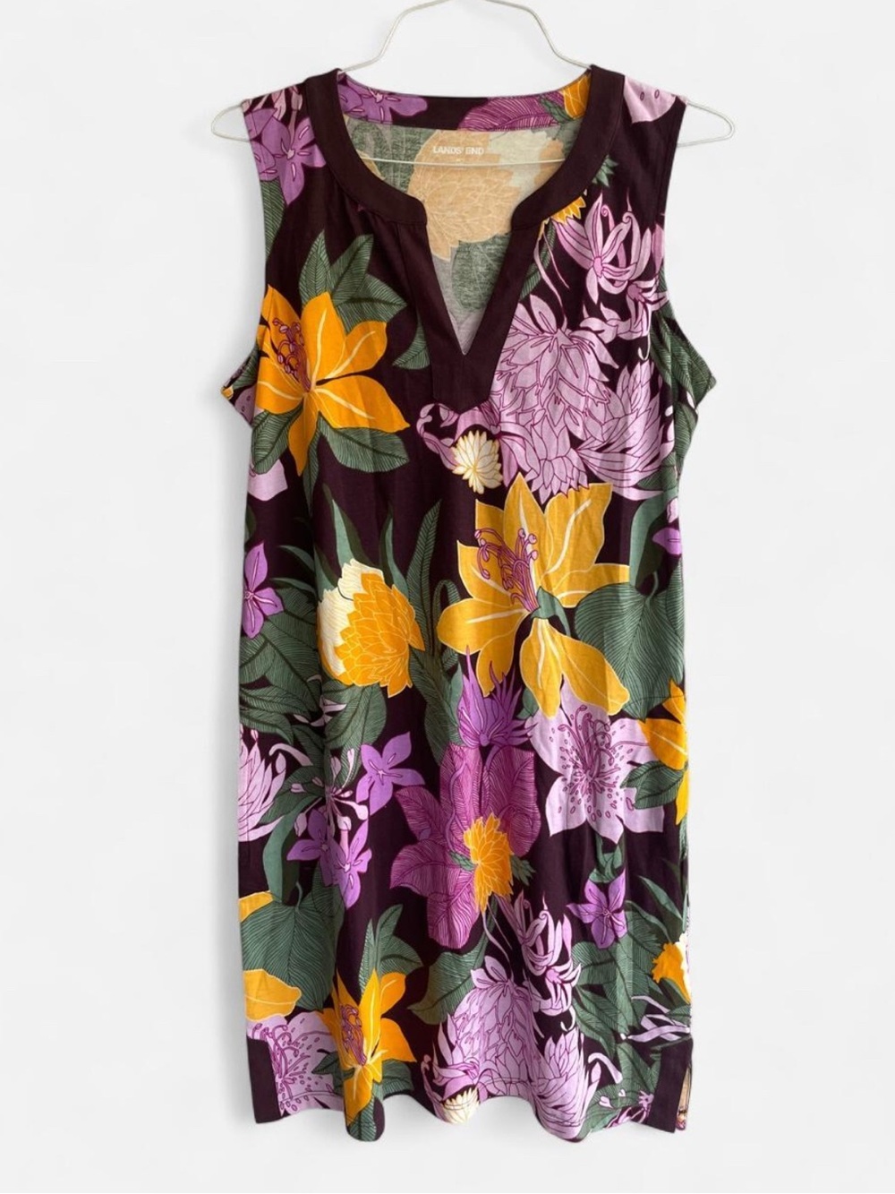 Lands End Women’s Sleeveless Floral Shift Dress in Purple & Yellow